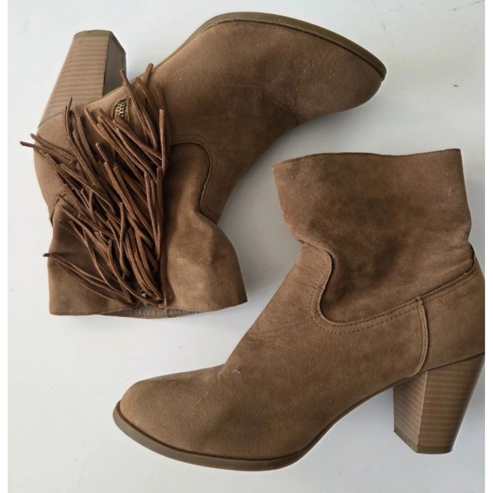 Rampage Frankey Faux Suede Tan Fringe Ankle Booties Western Boho‎ Size 10